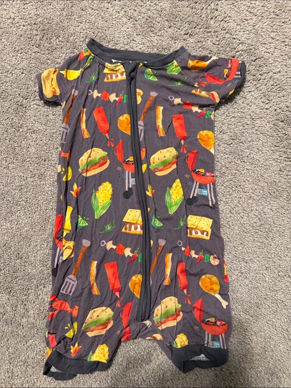 BBQ & Burger Short Sleeve Romper - Charcoal with Colorful Food Print